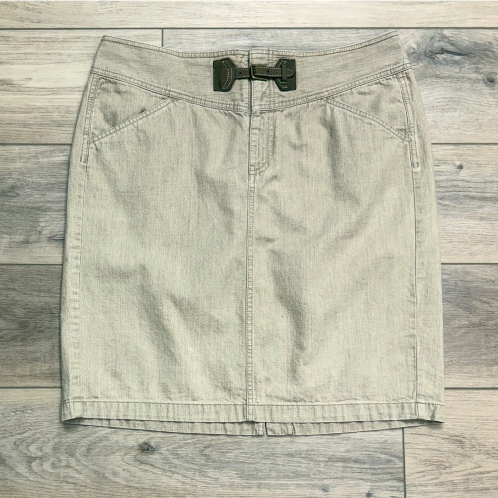 Lauren Ralph Lauren Khaki Denim Skirt Tan Leather Buckle Accent Size‎ 14 READ